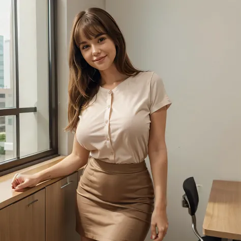 1lady standing, /(casual shirt/) (pencil skirt:1.1) /(id card lanyard/), mature female, /(brown hair/) bangs, blush kind smile, (masterpiece best quality:1.2) delicate illustration ultra-detailed, large breast BREAK /(modern office indoors/), window skyscr...