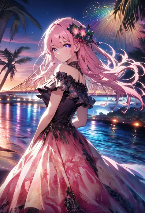 ``a beautiful woman with long pink hair and beautiful eyes wearing an elegant and detailed hawaiian dress.the dress must have in...