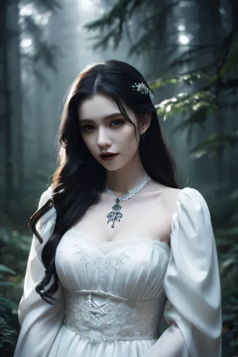 a vampire woman in a long white dress with loose sleeves, long black hair, a ribbon on her chest, misty forest background, mystical feeling, pale white skin, white flowers, detailed portrait, highly detailed, photorealistic, cinematic lighting, dramatic sh...