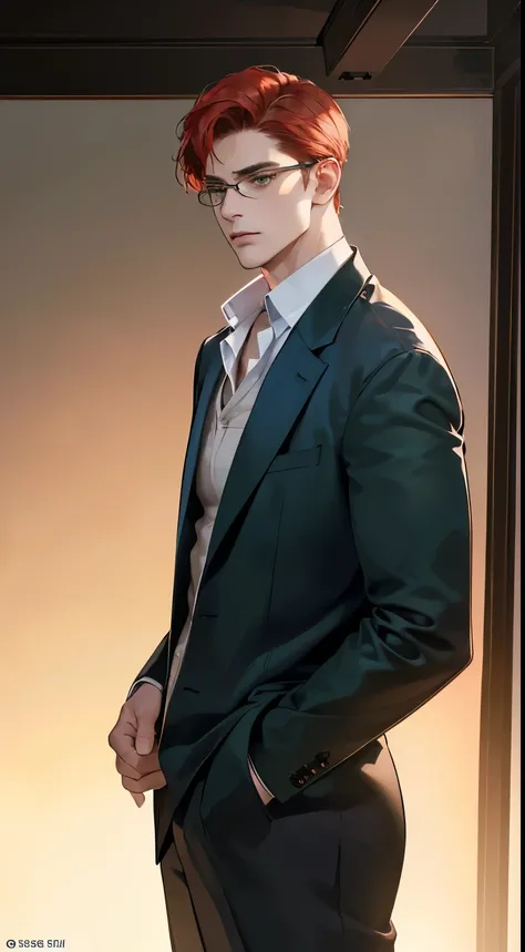 (best quality, work of art, 8k, photorealistic, cinematic lighting, 1:4 HDR image, ultra detailed, beautiful picture), a mature man, 3 very handsome, ((cold expression)), short red hair, green eyes, perfect face without mistakes, ((buttoning the jacket, CE...