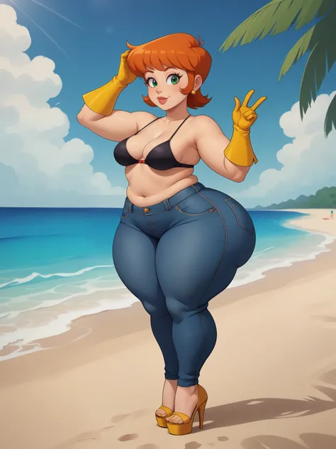 Dexters mom. short hairstyle. ginger. green eyes. small saggy breasts. huge hips. bbw. big ass. yellow gloves. bra. jeans. heels. beach. view from the back