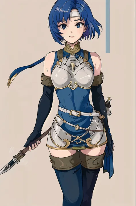 catria_echoes, 1girl, solo, armor, bare_shoulders, blue_dress, blue_hair, blue_thighhighs, boots, breastplate, cowboy_shot, elbo...