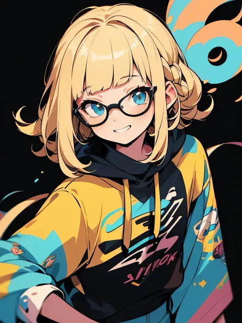 dutch close up sideface angle,solo,(kissshot),(looking at viewer:1.3),(blonde uptwist hair,short blunt bangs).shiny smile,glasses,graffity hoodie,stylish mini pants,model pose,highly detailed background,elaborately designed clothes,ink,(minimalism),(pop ar...