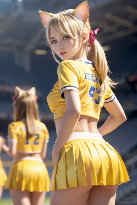 Masterpiece, Three beautiful girls standing in Stadium, (Yellow cheerleaders uniform:1.3), (Plump breast:1.2), (Blushed face:1.2), (Light Blonde hair:1.2), ponytail, (Cat ears:1.3), (From back:1.2), (open legs:1.3)