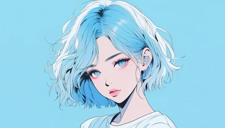 Illustrator, anime , Realistic ,sketch , 1 Girl, ,lip, ｔshirt，order, Light blue gradient background, Neon Hair,Textured Trim, Canadian, (masterpiece,Best Quality) Cancer