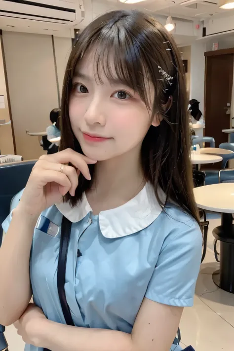 Subject: A beautiful Japanese woman with an extremely detailed face and a little expressive eyes, featuring long, flowing hair.
Outfit: Wearing a nurse-inspired uniform, incorporating elements typical of a nurses attire.
Pose: Holding a smartphone at arms ...