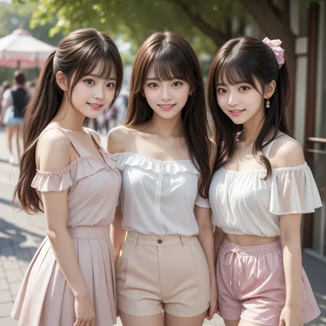 (masterpiece, best quality:1.2), 8k、At a fairytale amusement park、(Japanese high school girls three friends), They talk happily、Cute white sleeveless blouse、Off the shoulder, Pink shorts, Ruffled skirt, Fine grain、Face close-up、Cute shoulder bag, Everyone ...