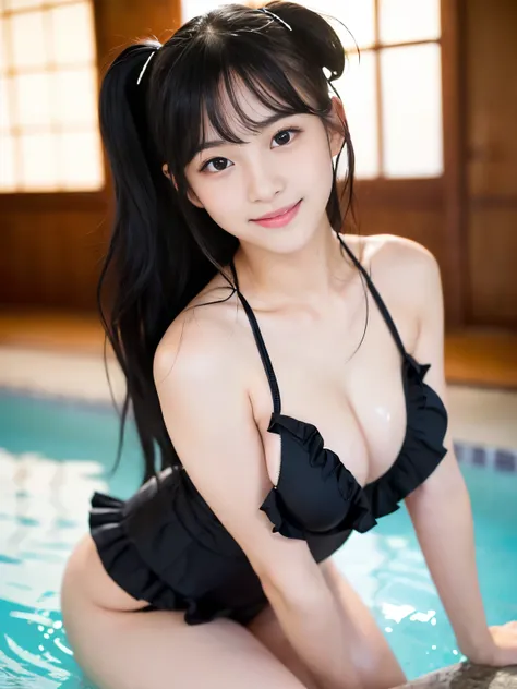 (Best-quality, Masterpiece, Ultra-High-Resolution, (Photorealistic:1.4), Raw Photo, depth of field, professional lighting), 1girl, 15-years-old, the most famous Japanese-idol, innocent smile, (((wearing the most erotic swimwear with erotic-frill))), ((the ...