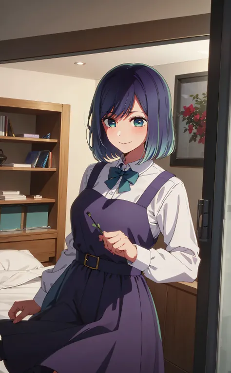 masterpiece, best quality, 1 girl, alone, smile, blushing, beautiful, purple dress, blue hair, short hair, looking at viewer, green eyes, short hair, faded hair, blue eyes, bedroom background