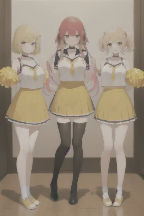 masterpiece, best quality, )Three girls in:1.4), solo, choker, Yellow cheerleaders uniform, long hair blonde hair, multicolored hair, red eyes, large breasts,(Full body short:1.5)