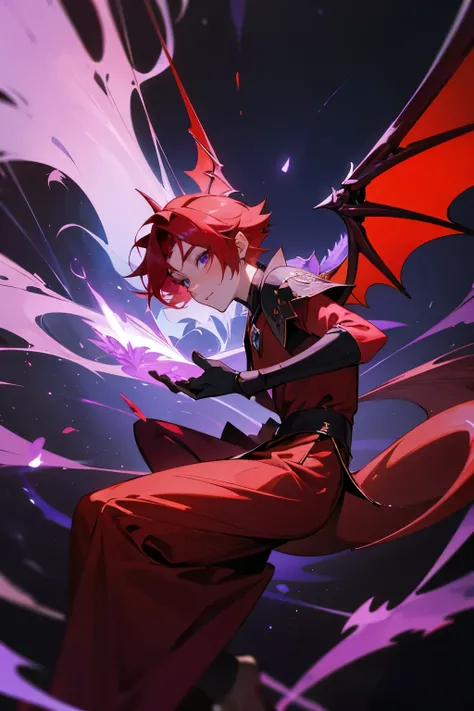 a human teenage male with scarlet red haired dragon wings and tail, with amethyst violet eyes and arcane mage clothes and obsidian gloves.