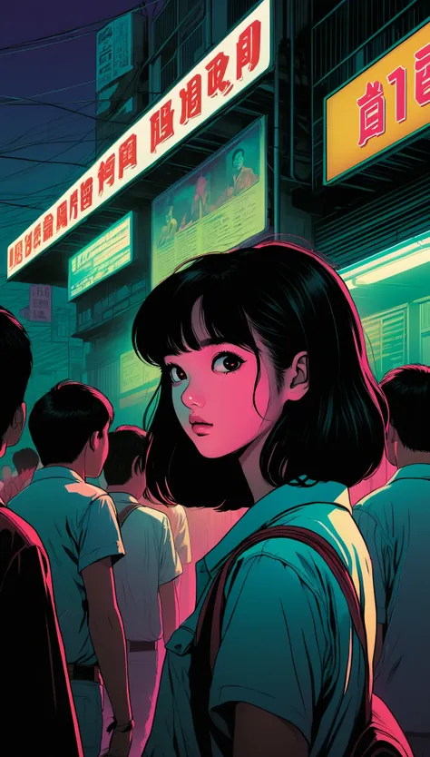 Illustration、art、80s Thai horror movie poster, Supervised by Junji Ito、(high school student:1.0)、parking、Attention to detail, Realistic Shadows、Analog Style, chromatic aberration, Surrealism、Complementary Gradient