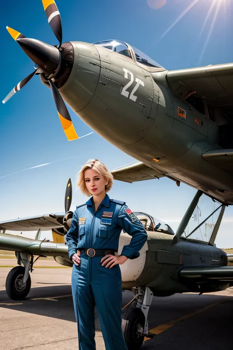 (RAW style, masterpiece, best quality, ultra-detailed), Young blonde woman with short hair, in the uniform of a pilot, standing confidently near a Yak 1960 plane, on the bustling airfield, where other planes are visible in the background, creating a lively...