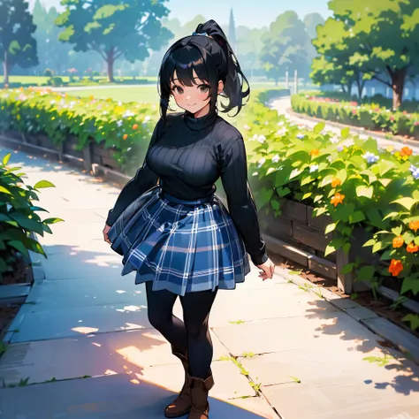 (high quality, High resolution, Very detailed, reality:1.37), Peaceful atmosphere, (Outdoor, garden), Teenage girl standing alone, (My breasts are large.), Beautiful details, Cute Smile, (Black hair ponytail), Ribbed sweater, Blue plaid skirt, Black tights...