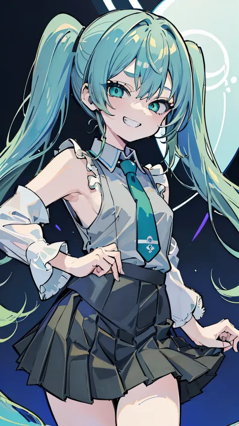 ((masterpiece、Best Quality、Very detailed))、One girl、((blue green hair))、Long Hair、twintails、((blue green eyes))、evil smile、((Grin))、Small breasts、((Grey collared shirt))、Sleeveless、tie、Detachable sleeves、((Black pleated skirt))、((micro miniskirt))、Cowboy S...