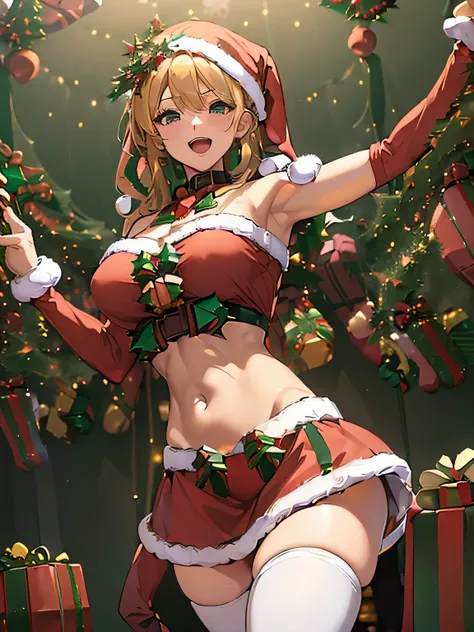 high resolution、super detailed skin、(Xmas costume:1.8)、goldcolor hair、gleaming skin、large breasts、<xml><input>POV</input></xml>、sleeveless、(midriff peek)、(navel:1.5)、(Dark Room:1.5)、(;d)、(showing panties:0.9)、(zettai ryouiki)、armpit、(Stand:1.8)