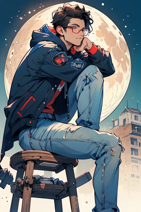 Man in his 20s, sitting in a pensive position, red and black bicolor frame glasses, olive skin, slim build, wearing a dark blue geek style hooded jacket and black STRAIGHT jeans, short black hair, turned up nose, drooping eyes, is sitting on the moon, and ...