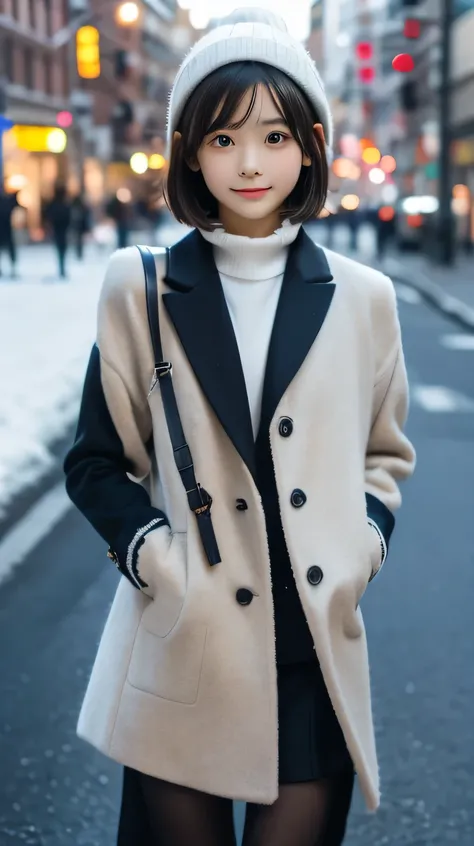 skinny、Accurate limbs、muffler、Coat、gloves、A youthful face、Looks cold、Winter Scenery,ファー付きCoat、Bobcut、Elegant middle school girl,.((Flat Chest,Small breasts)),Cute Face, (Deeply carved face:0.7), (Freckles:0.6), Soft Light,Cold protection, shy, (Serious fac...