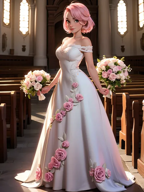 ((solo)), alone, bride, wearing a white wedding dress, queen, happy, ((forehead to show)), standing, entering the church, pink hair, short hair, delicate, young, short hair, detailed face, high definition, ((full body)), (flowers around her), full body, sh...