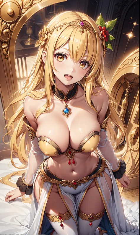 top-quality、Top image quality、tmasterpiece、((teens girl、solo person、Best bust、big bast、Bust 85,Beautiful golden eyes、Breasts wide open,A blonde long-haired、having fun、Enchanted、slenderness、Great Valley、vests、Cosmic dress、gold bikini、stooping forward、Kaihua...