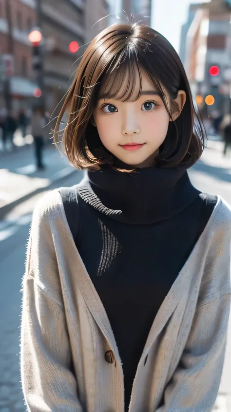 skinny、Accurate limbs、Thick muffler、Thick sweater、Short skirt、Black tights、gloves、A youthful face、Winter clothes、Winter Scenery,Boa Coat、Bobcut、Elegant middle school girl,.((Flat Chest,Small breasts)),Cute Face, (Deeply carved face:0.7), (Freckles:0.6), So...