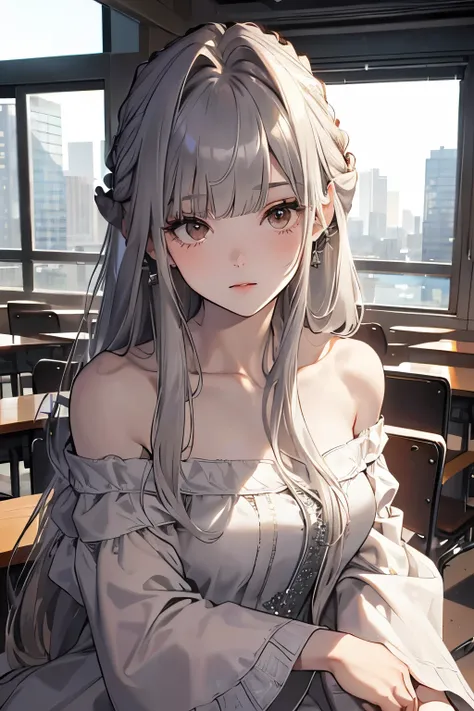 best quality, highres,Slender、Brown eyes、tall、(Silver Hair:1.3)、(Long Hair:1.3),(Straight Hair:1.3)、(Bangs:1.3)、7th life、(Off-the-shoulder dress:1.6)、slouch、Looking up、Thick lower eyelashes、classroom
