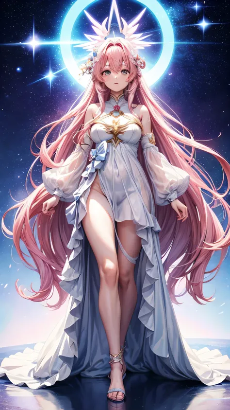 anime girl with angel halo and pink hair standing in front of a blue background, astral witch clothes, my dress up darling anime, anime barbie in white, clear outfit design, anime goddess, anime vtuber full body model, fashion gameplay screenshot, celestia...