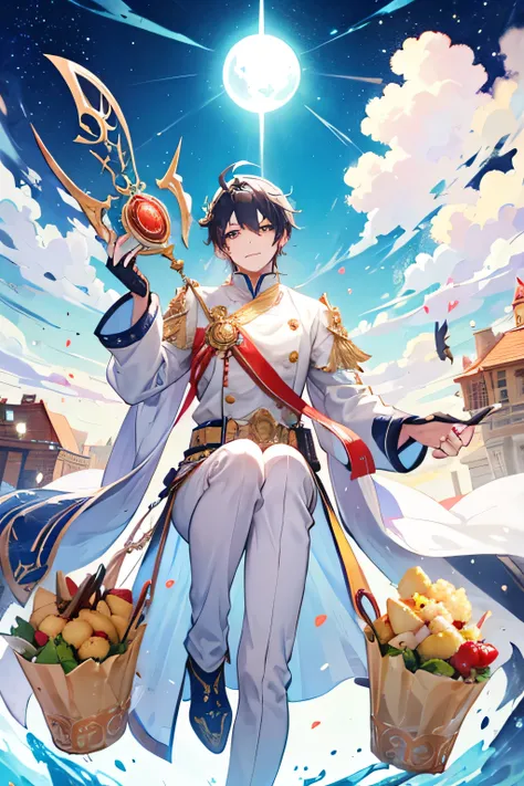 A male god of food with white outfit with big aura, Charming, cloud, and many food around him