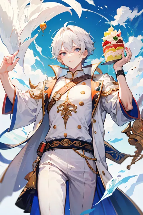 A male god of food with white outfit with big aura, Charming, cloud, and many food around him