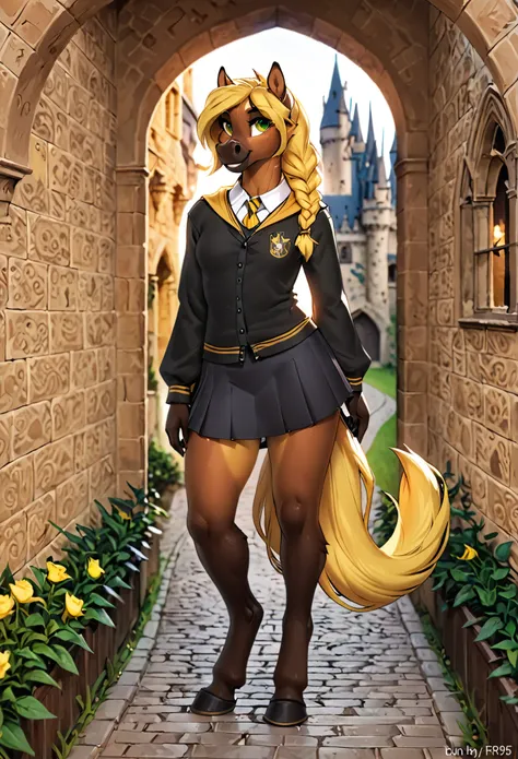 in the style of f-r95, in the style of zaush, in the style of binxxy, solo, (anthro), female, horse, blond hair, blond tail, braided ponytail, braided tail, bay horse, dun horse, brown fur, brown belly, (dark brown lower legs), digitigrade legs, hooves, da...