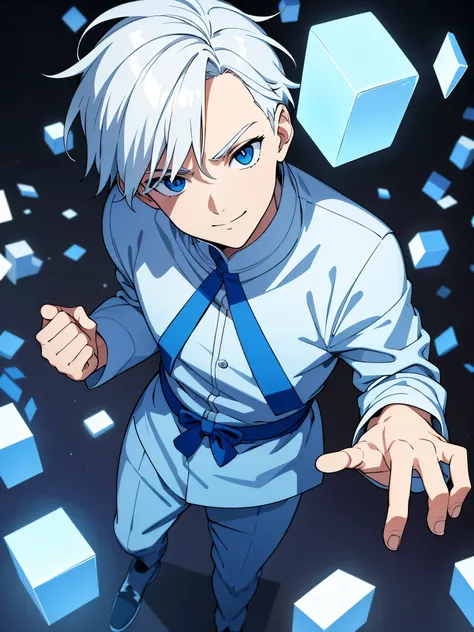 Create the image of a young boy with white hair, with a confident and courageous expression. He holds a cube in his hands, blue cube, He has a serious look, but with a subtle smile. Your outfit is fancy dress, predominating the colors blue and white, with ...