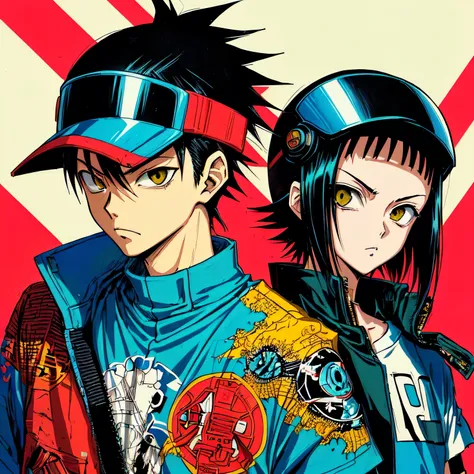 two t - shirts with a picture of a man in a helmet on them, akira style, (neotokyo), akira artstyle, japanese streetwear, akira vibes, 🪔 🎨;🌞🌄, :14 flcl + jet grind radio, style of eiichiro oda, 8 0 s anime style, 8 0 s anime vibe, inspired by Eiichiro Oda