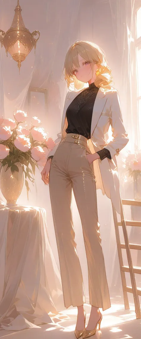 The image is a digital illustration of a young woman standing in a room with a white background. She is wearing a white blazer over a black top and beige trousers. She has blonde hair styled in loose curls and is wearing gold high heels. The woman is posin...