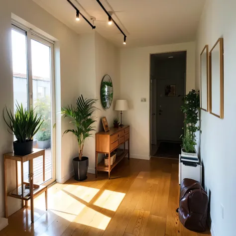 "A cozy entrance to a flat with modern decor, featuring plants and warm lighting. The hallway is spacious and inviting, leading into the interior of the apartment."

