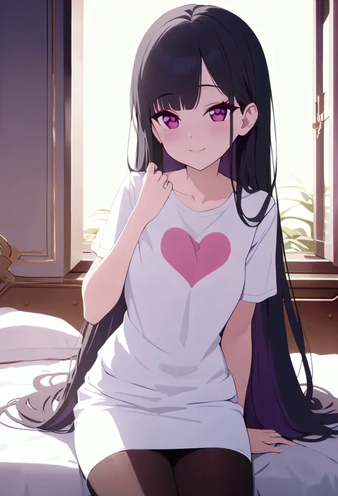 (masterpiece), best quality, heart-shaped face, perfect round crimson eyes, long hair black hair with purple tinted ends, white t shirt, pantyhose, navy blue skirt, standing, sitting on bed, looking at viewer, smiling,