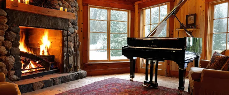 image prompt grand piano  OUTSIDE COZY FIREPLACE





