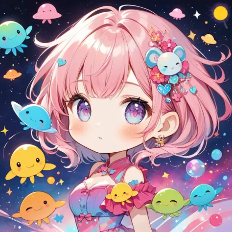 Momoko Sakura colorfull style, Simple Line Initialism，Abstract art，(((The most beautiful girl of all time))), (((chibi))), Sweet face. colorful hearts, funny design, (((bosom buddy ))), (((Cute Aliens))), The background is space