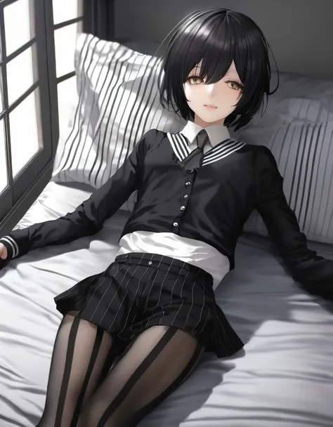 black bob haircut tying, striped shirt, collants noirs, black socks, lying on the stomach, arms behind back, low angle, souriant...