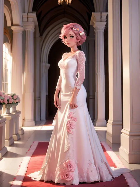 ((solo)), alone, bride, wearing a white wedding dress, queen, happy, ((forehead to show)), standing, entering the church, pink hair, short hair, delicate, young, short hair, detailed face, high definition, ((full body)), (flowers around her), full body, sh...