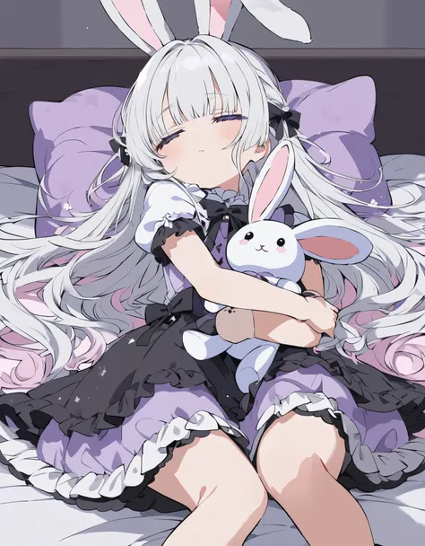 a cute anime kawaii girl is sleeping on a bed holding a white bunny dolly in her hand, solo, pillow, rabbit ears, long hair, animal ears, stuffed toy, dress, big stuffed bunny, dreamy cute dress, stuffed animal, frills, sleepy, white hair, short sleeves, w...
