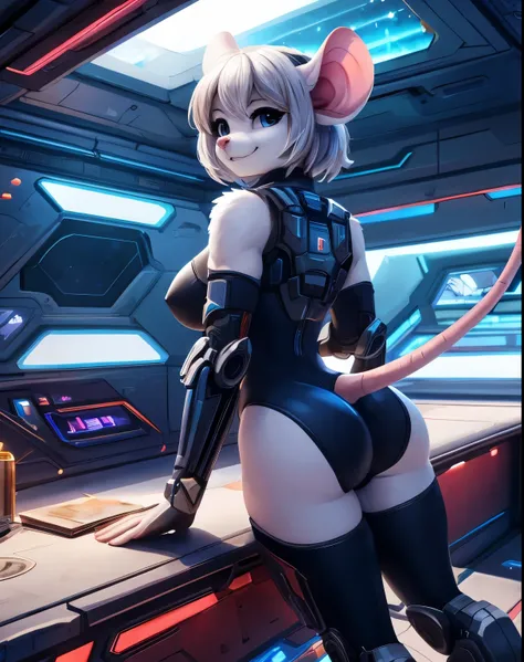 1girl, (smiling), (Best Quality, 8k, Masterpiece), (American Shot :1.2), big tits, big ass, thin waist, toned legs, (mouse girl), animal nose, white fur, fur, black leotard, futuristic combat armor, hands on a table, view from back :1.2), in a spaceship