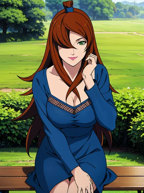 sitting on bench, blue dress, fishnet on top dress, garden background, Mei Terumi, anime cels style, best quality, high resolution, 1girl, (large breasts:1.2), beautiful face, long hair, brown hair, green eyes, ((hair over one eye)), lipstick, cowboy shot,...