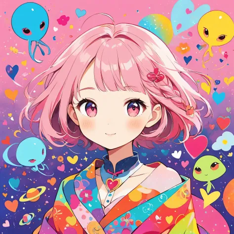 Momoko Sakura colorfull style, Simple Line Initialism，Abstract art，(((The most beautiful girl of all time))), Sweet face. colorful hearts, funny design, (((bosom buddy ))), (((Cute Aliens))), The background is space