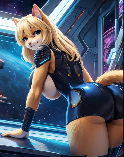 1girl, (smiling), (Best Quality, 8k, Masterpiece), (American Shot :1.2), big tits, big ass, thin waist, toned legs, (cat girl), animal nose, blonde fur, fur, black leotard, futuristic combat armor, leaning over a table, close-up at ass, view from back :1.2...