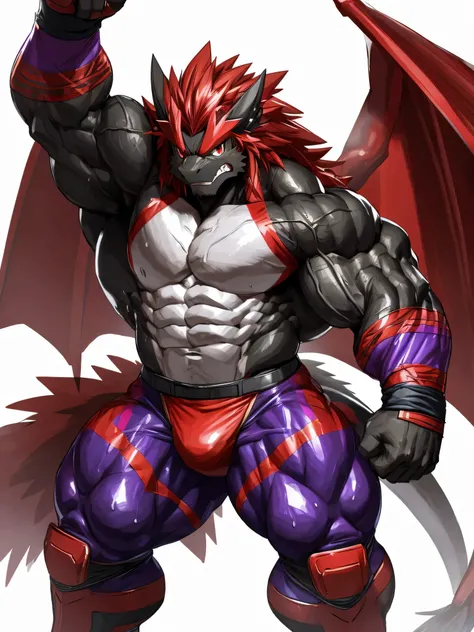 Dark Dragon anthro, furaffinity commission, professional furry drawing, bulky massive heavy weight, POV furry art,large pectral muscles,veins popping,thick tigh,strong muscular lower body,open legs,veyy sweaty,black skin,red mane,red eyes,wearing wrestler ...