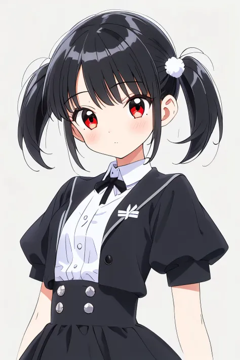 (1girl:1.2),
(shiny pitch black hair:1.3),short bob with mini twin tail,
red eyes,(slanted eyes:1.1),
(puff out cheeks:1.2),
白いブ...