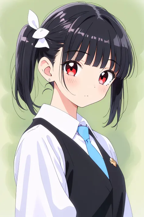 (1girl:1.2),
(shiny pitch black hair:1.3),short bob with mini twin tail,
red eyes,(slanted eyes:1.1),
(puff out cheeks:1.2),
白いブ...