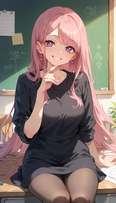 (masterpiece) highly detailed picture, 1 woman, teacher, wearing black shirt and pantyhose, big boobs, pink long hairs, violet eyes, smile on face, calm and cute, perfect hand, perfect face