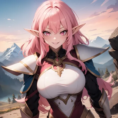 elf woman, brown skin, curly pink hair,  Pink eyes, big breasts, evil smile, armor, mountains background.