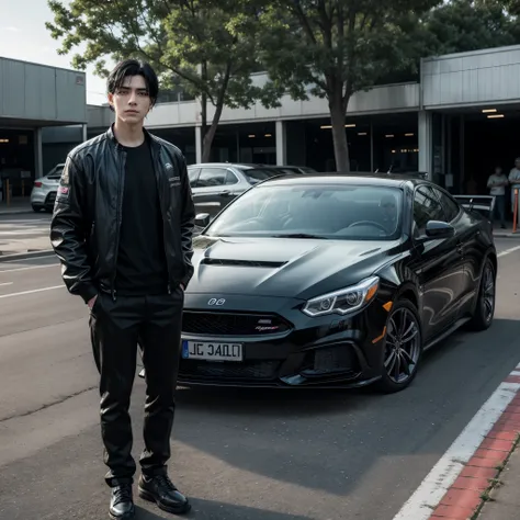 Make a black haired man stand in front of a car in an illegal car race 